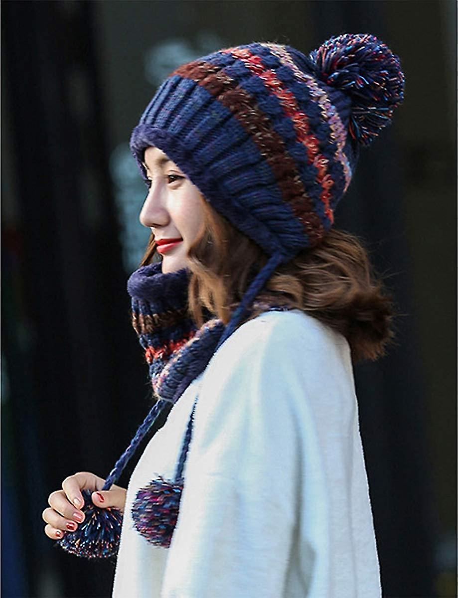 Women Winter Beanie Hat Peruvian Circle Scarf Set Ski Ear Flaps Caps Dual Layered Fleece Lined Pompoms A1-m8771-navy -