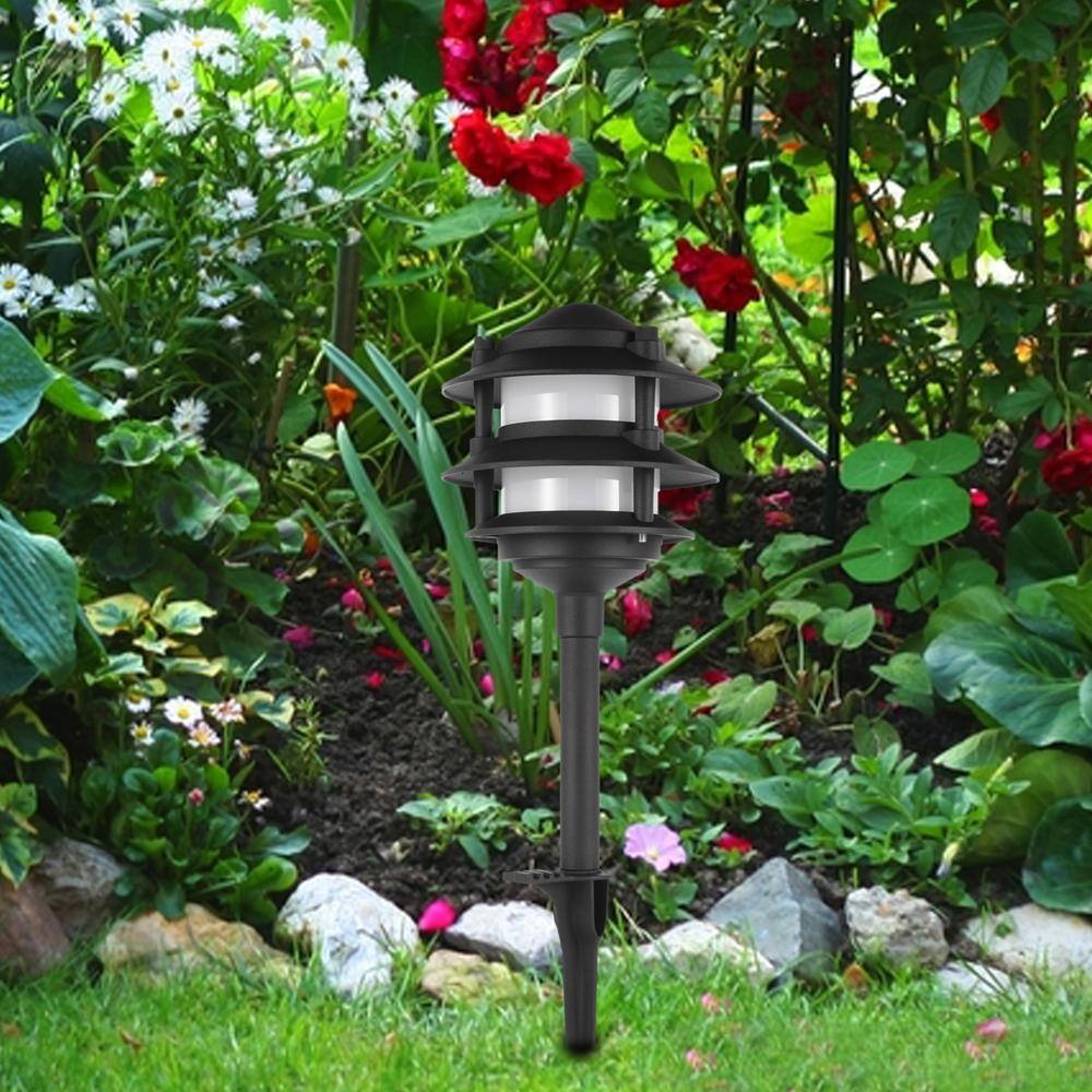 Hampton Bay Elmore Low Voltage Black Outdoor Integrated LED 3-Tier Metal Landscape Path Light with Frosted Plastic Lens L03177