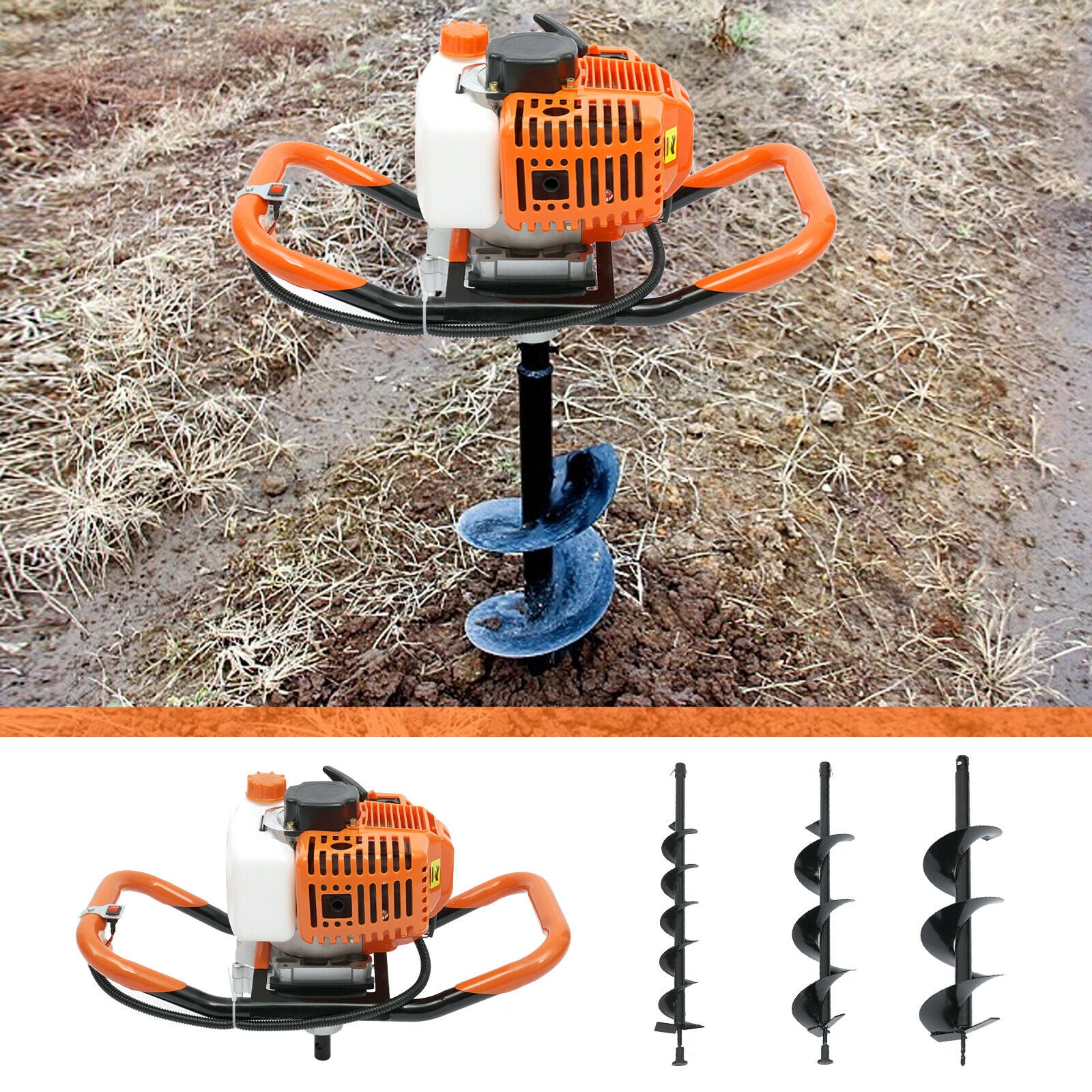 52cc Gas Powered Earth Auger Post Hole Digger Borer Fence Ground Drill 4"/ 6"/ 8" Bits Petrol Auger Set Post Auger Single Cylinder