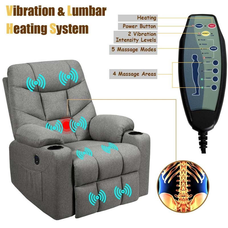 Heated Power Lift Recliner Fabric Massage Reclining Sofa, Elderly Lift Chair with 8 Point Massage, 2 Side Pockets Cup Holders, USB Port