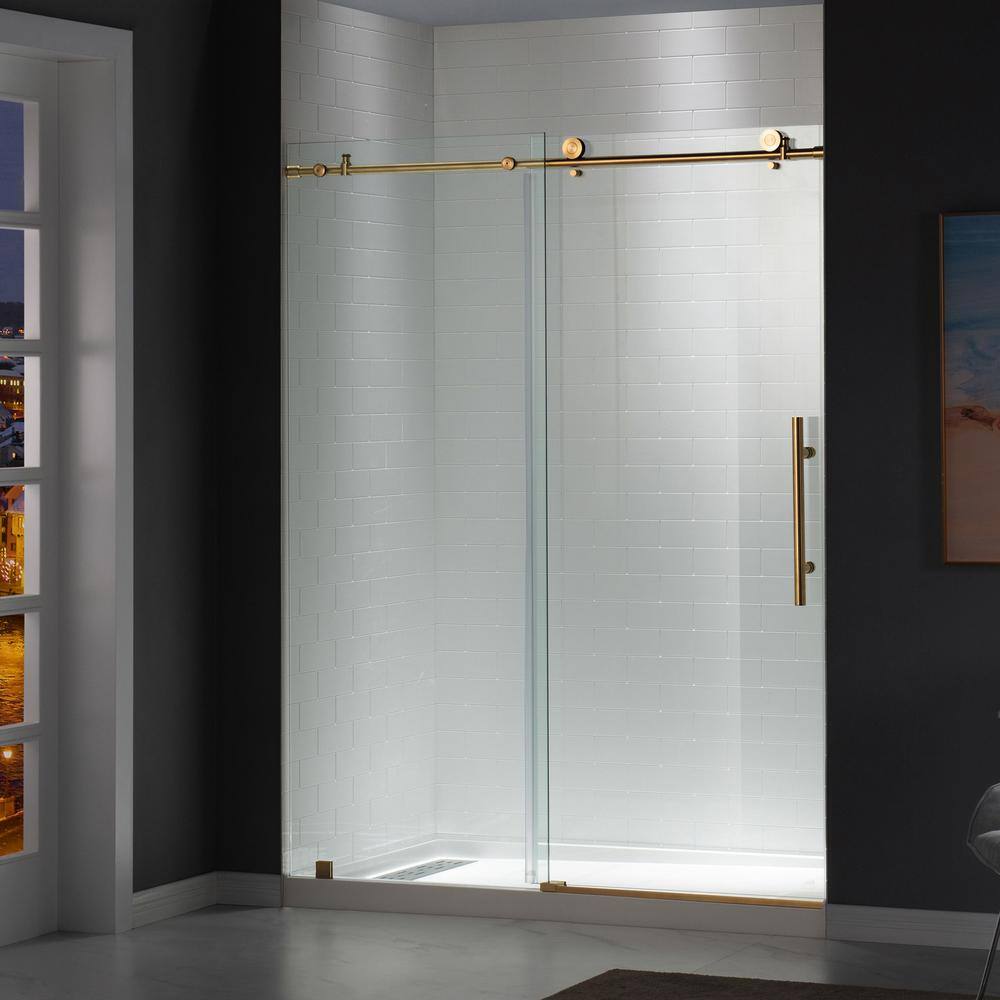 WOODBRIDGE Lowestoft 56 in. to 60 in. x 76 in. Frameless Sliding Shower Door with Shatter Retention Glass in Brushed Gold HSD3608