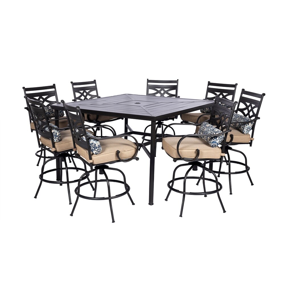 Hanover Montclair 9 Piece High Dining Set in Tan with 8 Counter Height Swivel Chairs and 60 Inch Square Table