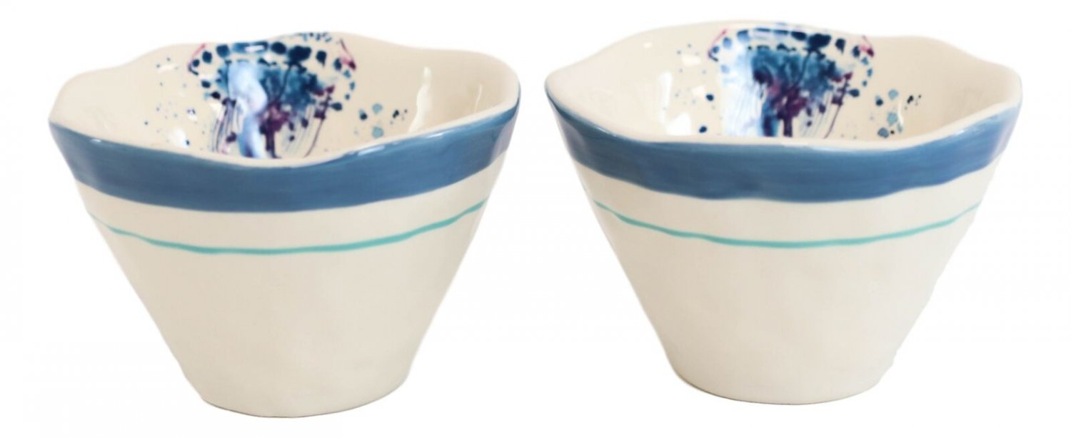 1 Nautical Blue And White Jellyfish Cereal Small Rice Soup Ceramic Bowls Pack Of 2 EBR02