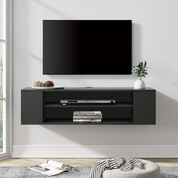 3-Tier Floating TV Stand with Adjustable Shelves for Living Room， Black