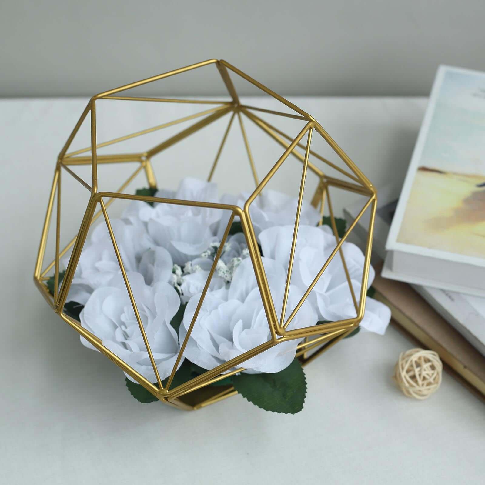 Gold Metal Pentagon Prism Tealight Candle Holder, Open Frame Geometric Flower Stand 7