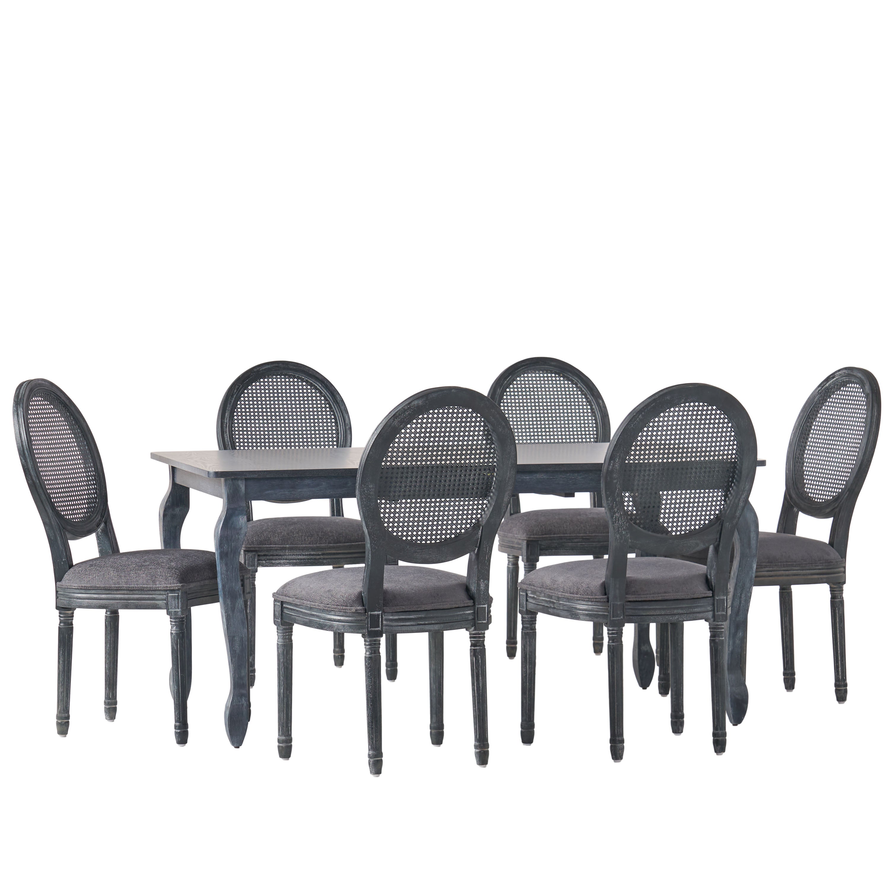 Midland French Country Upholstered Wood and Cane Expandable 7 Piece Dining Set