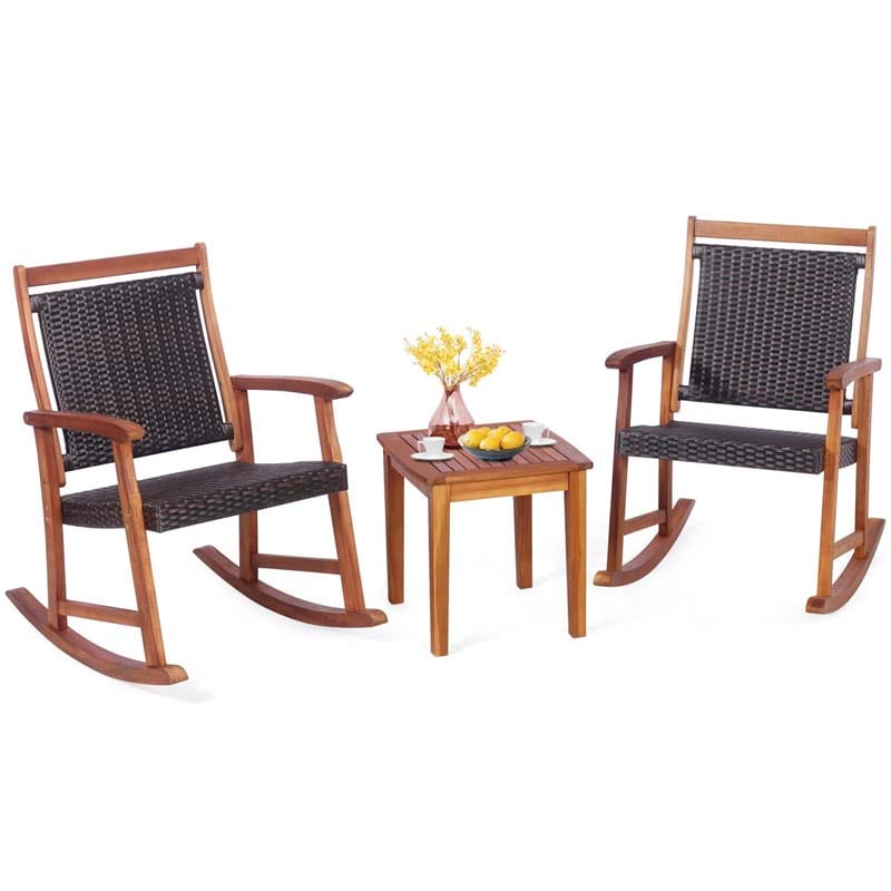 3 Pcs Acacia Wood Patio Rocking Chair Set with Side Table, Rattan Wicker Outdoor Rocking Bistro Set