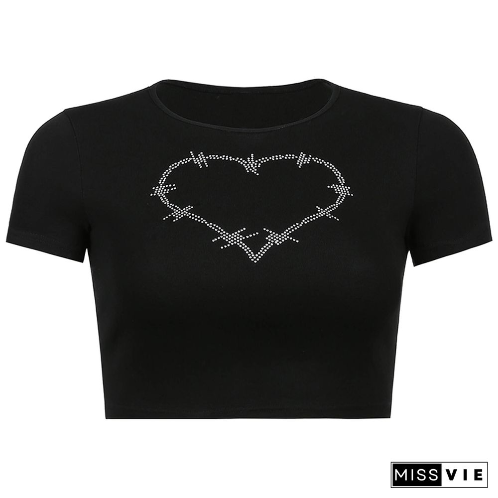 Summer Punk Tank Top Harajuku Rhinestone Heart Graphic Women T Shirt O-Neck Short Sleeve Black Crop Tops Sexy Y2K Cropped Top