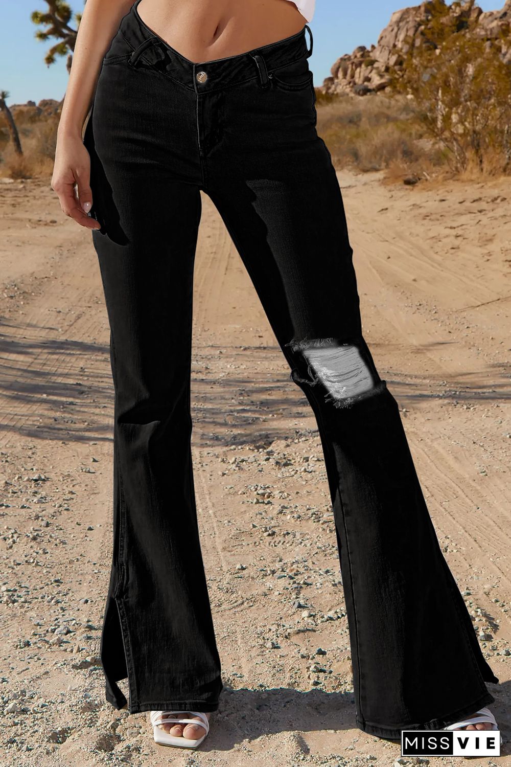 Black Ripped Slit Legs Flare Jeans