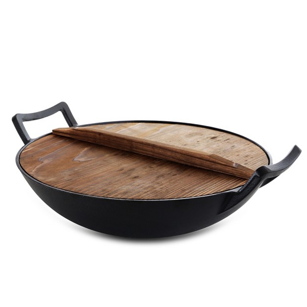 General Store Addlestone 2 Piece 14 Inch Heavy Duty Cast Iron Wok With Wood Lid