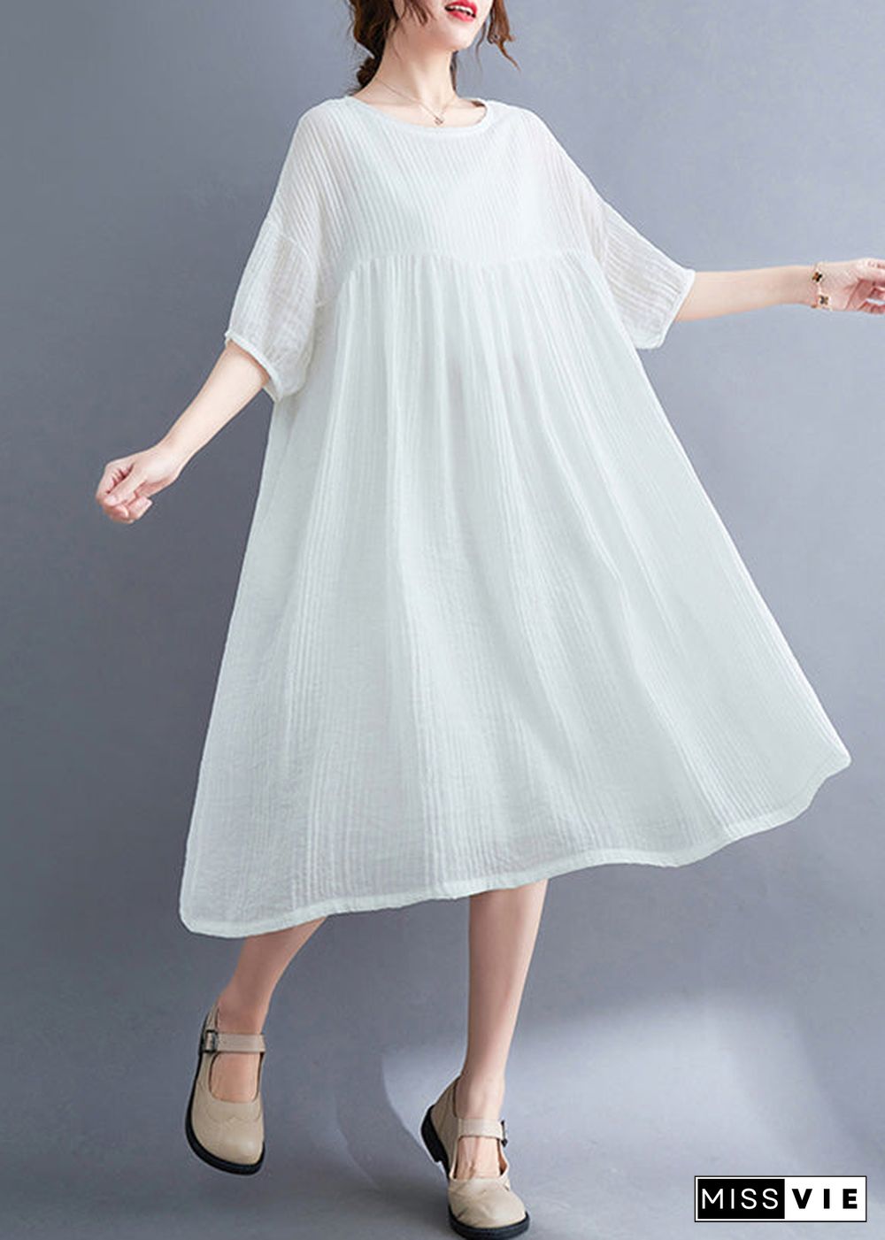 French White O-Neck Patchwork Maxi Dress Short Sleeve