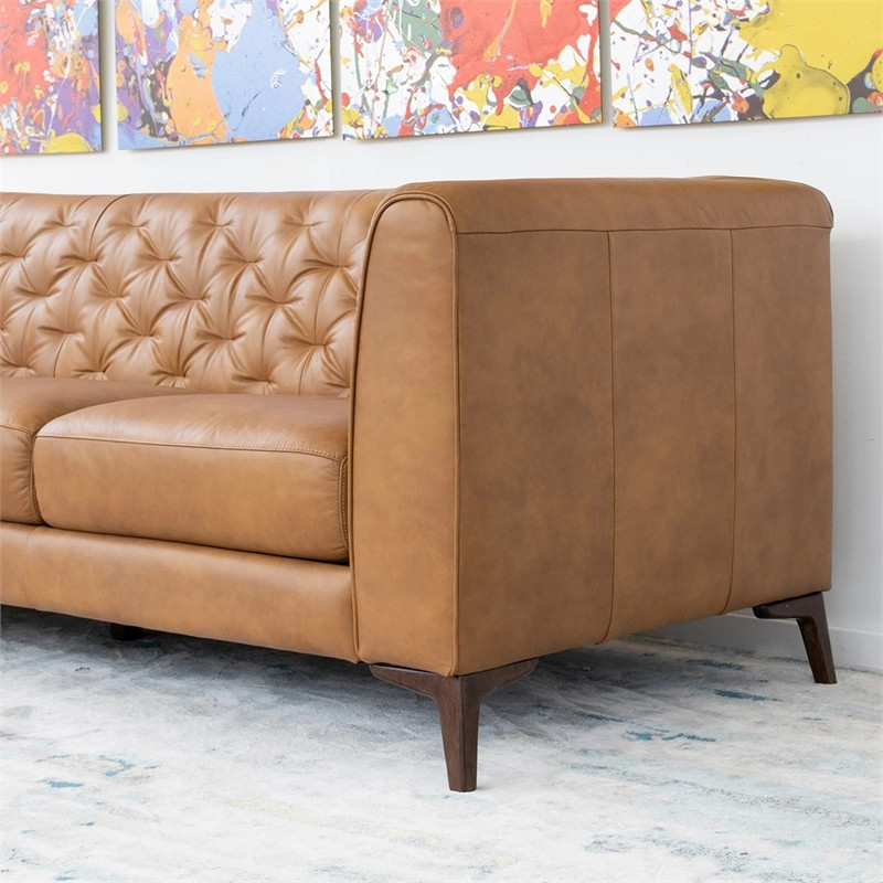 Flore Mid Century Modern Chesterfield Genuine Leather Sofa in Cognac Tan   Midcentury   Sofas   by Homesquare  Houzz