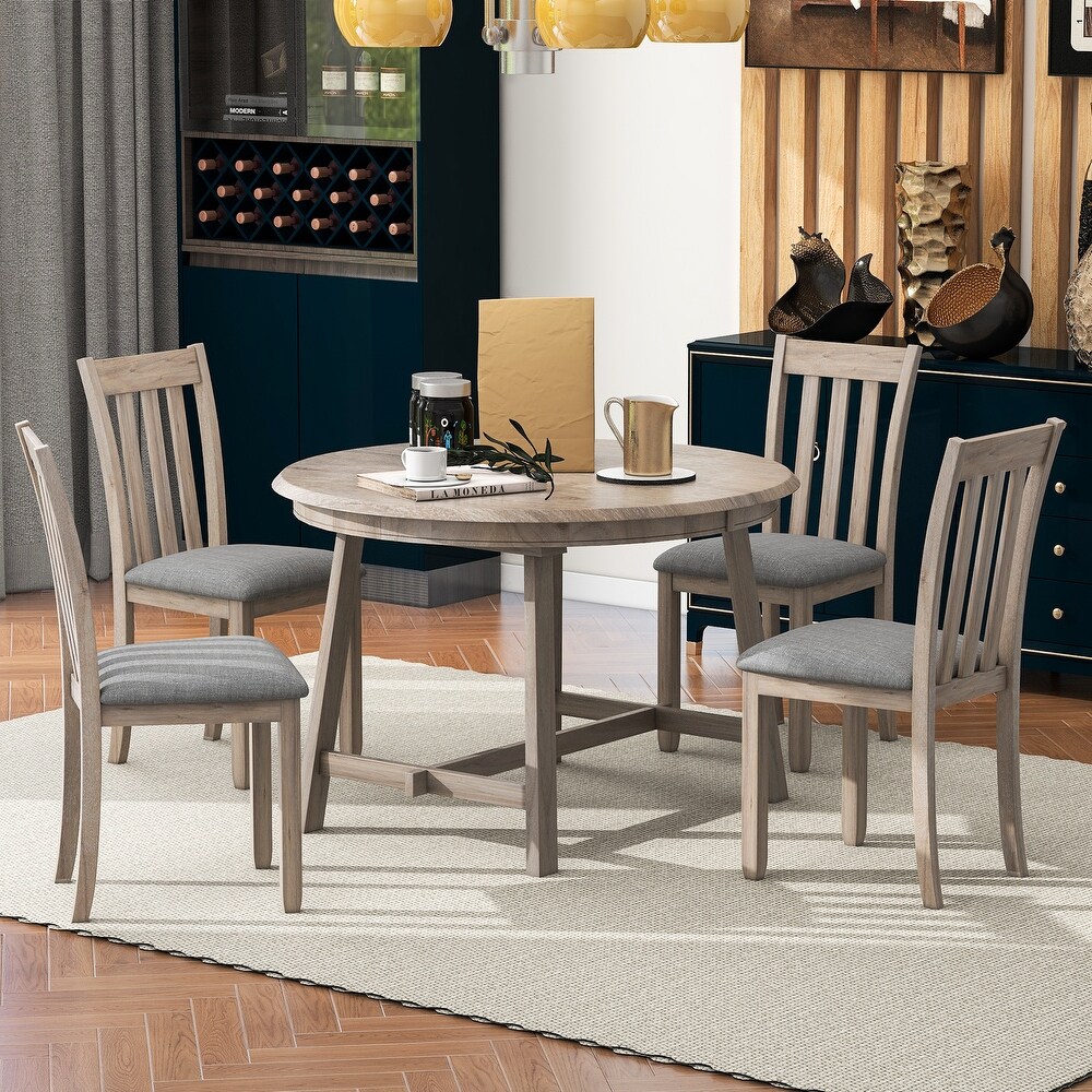 5 Piece Round Extendable Dining Table Set with 4 Chairs  Natural Wood