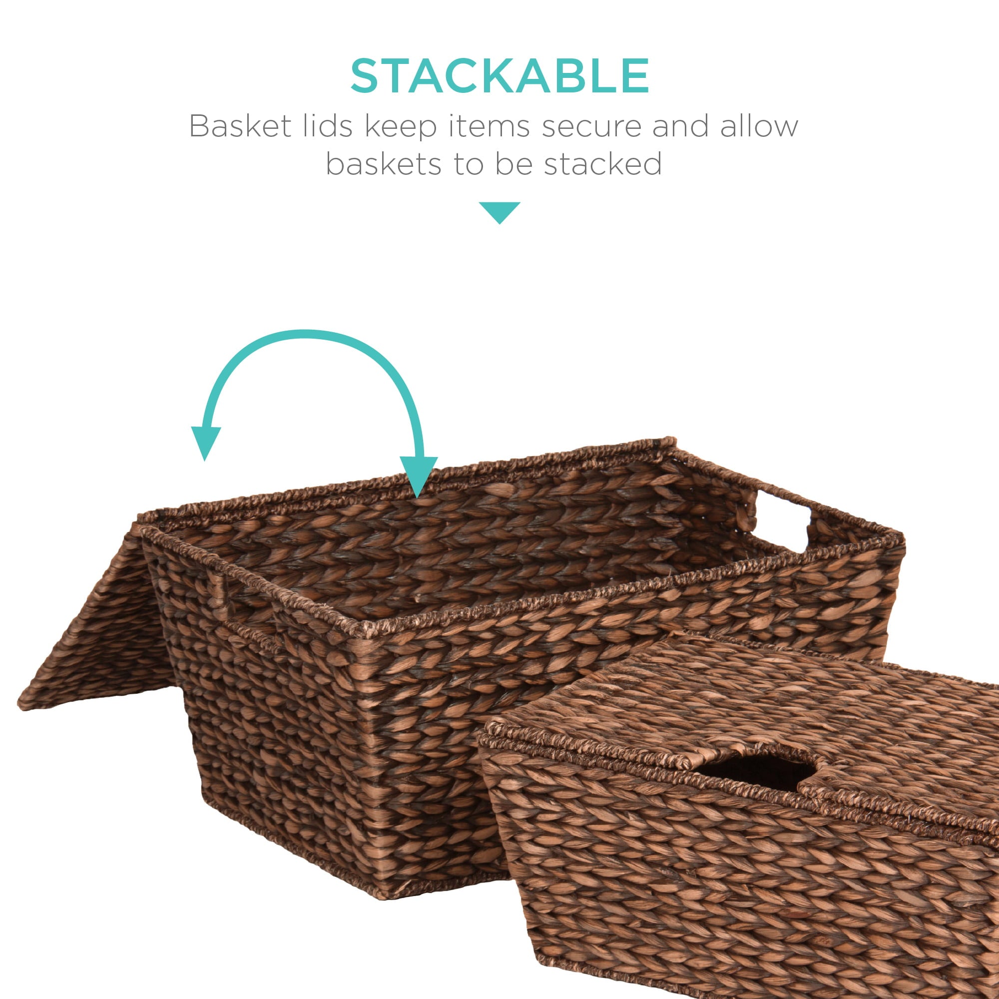 Best Choice Products Set of 2 XL Water Hyacinth Woven Tapered Storage Basket Chests w/ Attached Lid, Handle Hole