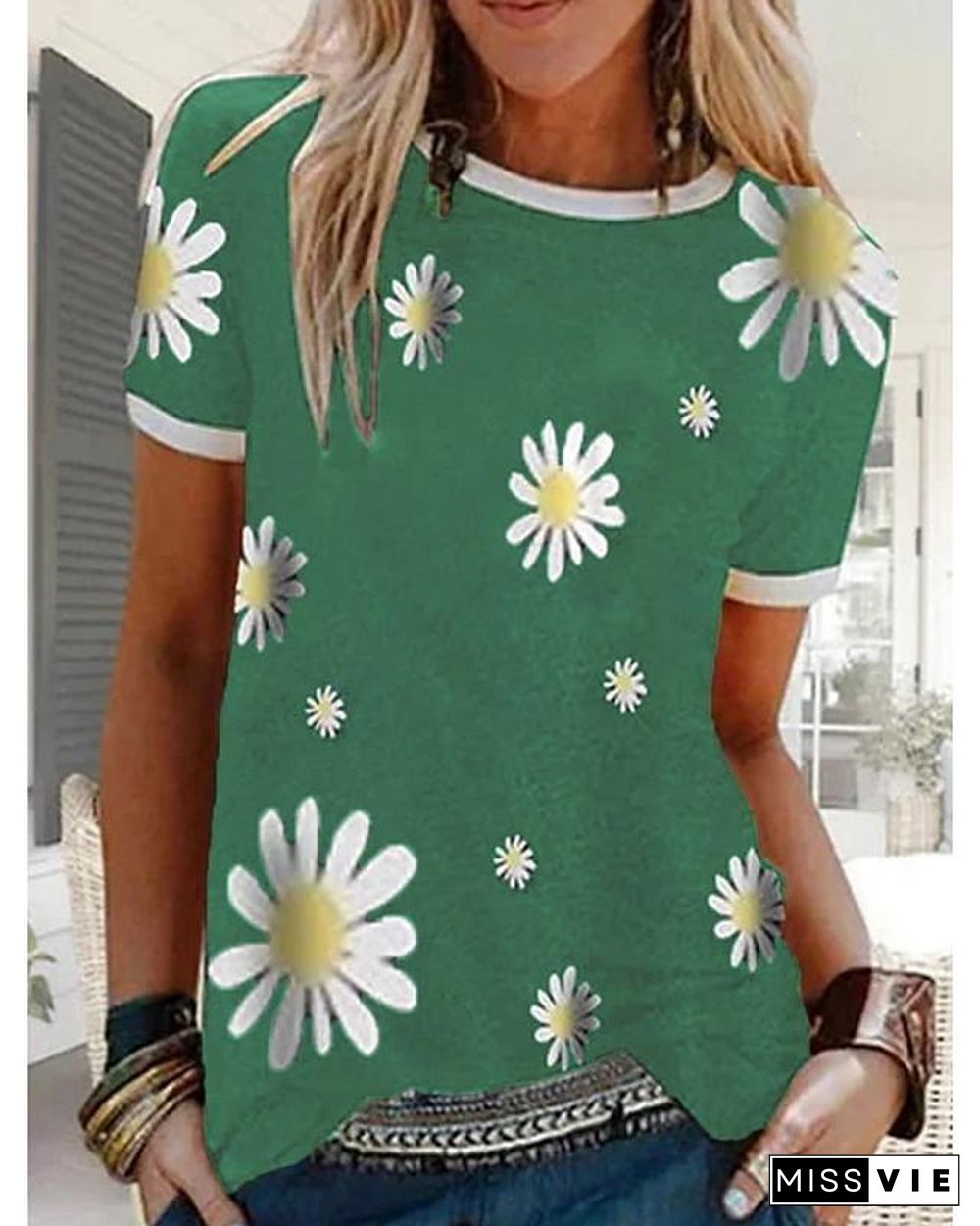 Women's T-shirt Floral Graphic Prints Flower Round Neck Tops Basic Top Black Blue Red