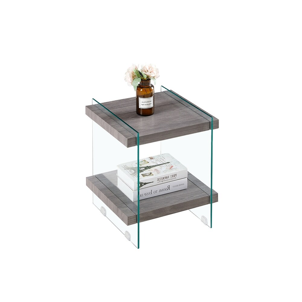 2 Tier Square Clear Sofa Side Table with Dual Shelves Modern Glass Nightstand End Table Side Table for Living Room  Bedroom