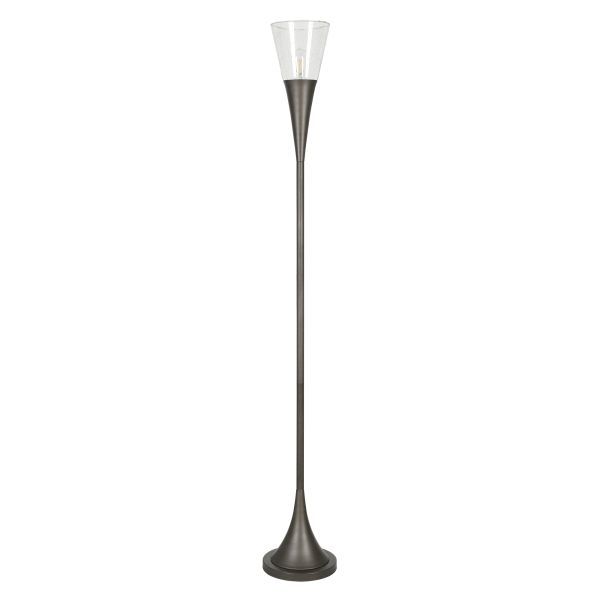 Moura Torchiere Floor Lamp with Glass Shade in Aged Steel/Seeded