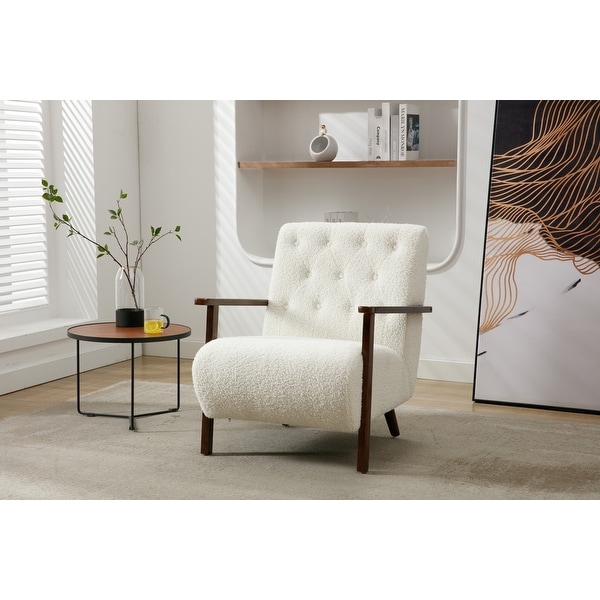 Wood Frame Living Room Accent Chair Modern Armchair Lounge Chair Sofa Removable Cushion Seat Arm Chairs， White Teddy