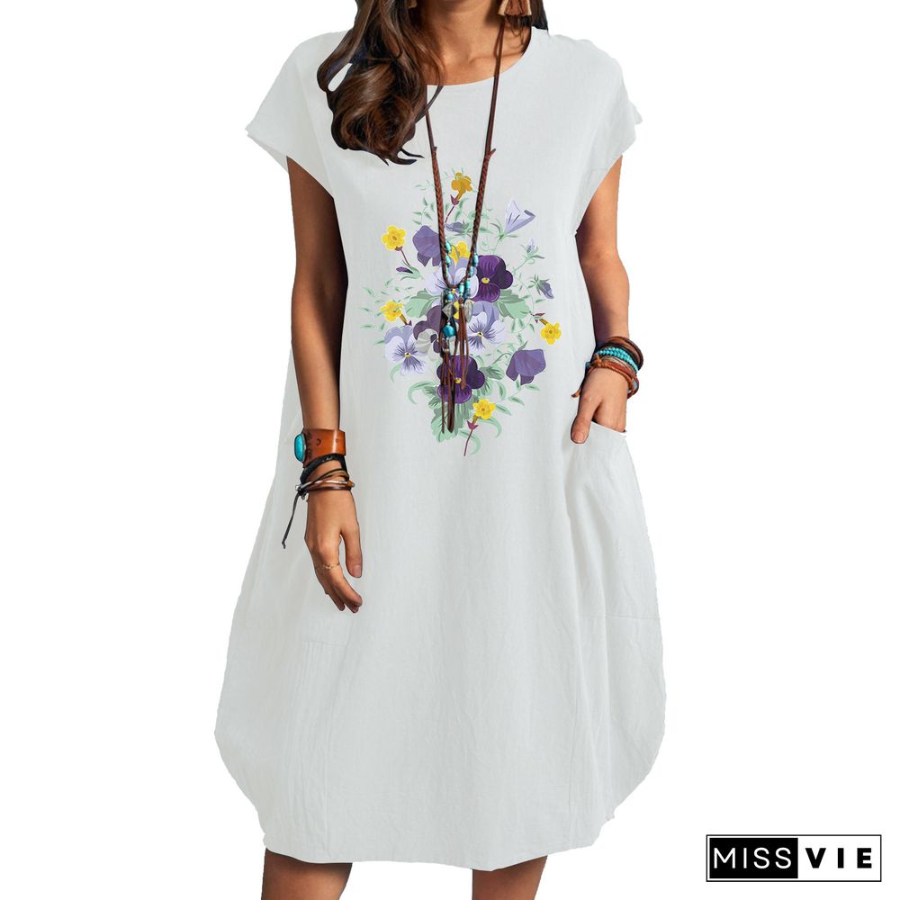 Flower Print Plus Size Cotton and Linen Pocket Dress Black Dresses