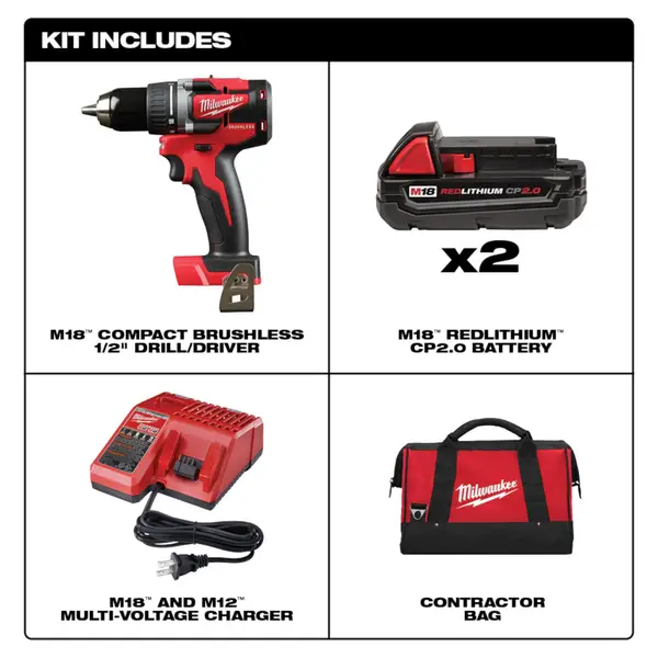 Milwaukee 2801-22CT M18 18V Lithium-Ion Compact Brushless 1/2 Drill/Driver Kit