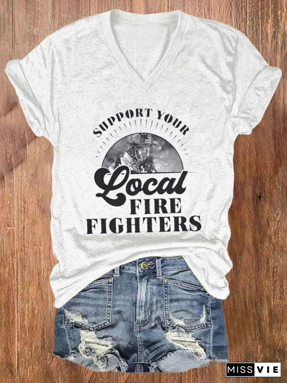 Women'S Please Support Your Local Firefighters Print Short Sleeve Casual T-Shirt