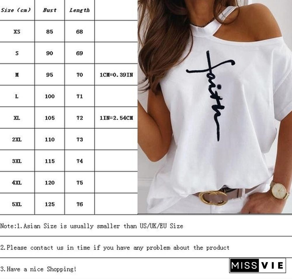 Women Fashion Loose Casual Summer T-shirt Short Sleeve Cotton Tops Plus Size Off Shoulder Print T Shirts