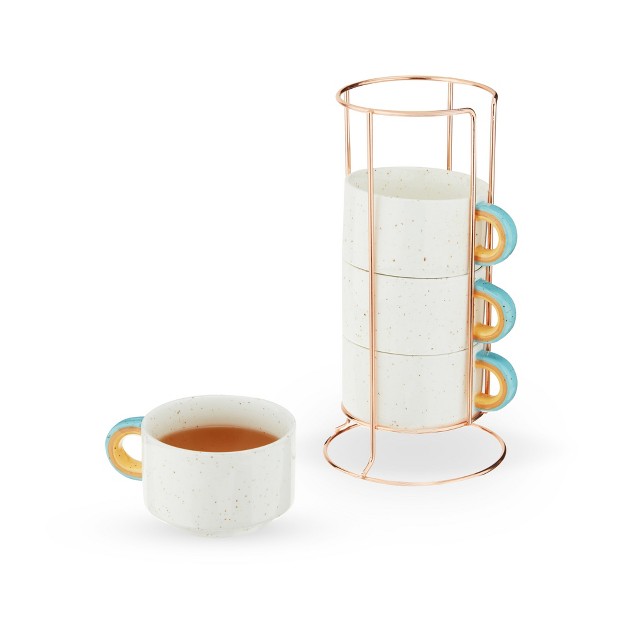 Pinky Up Arc Mugs Stacking Speckled Ceramic Coffee Cups With Cute Rainbow Handles And Rose Gold Metal Stand 10 Oz Set Of 4 Beige