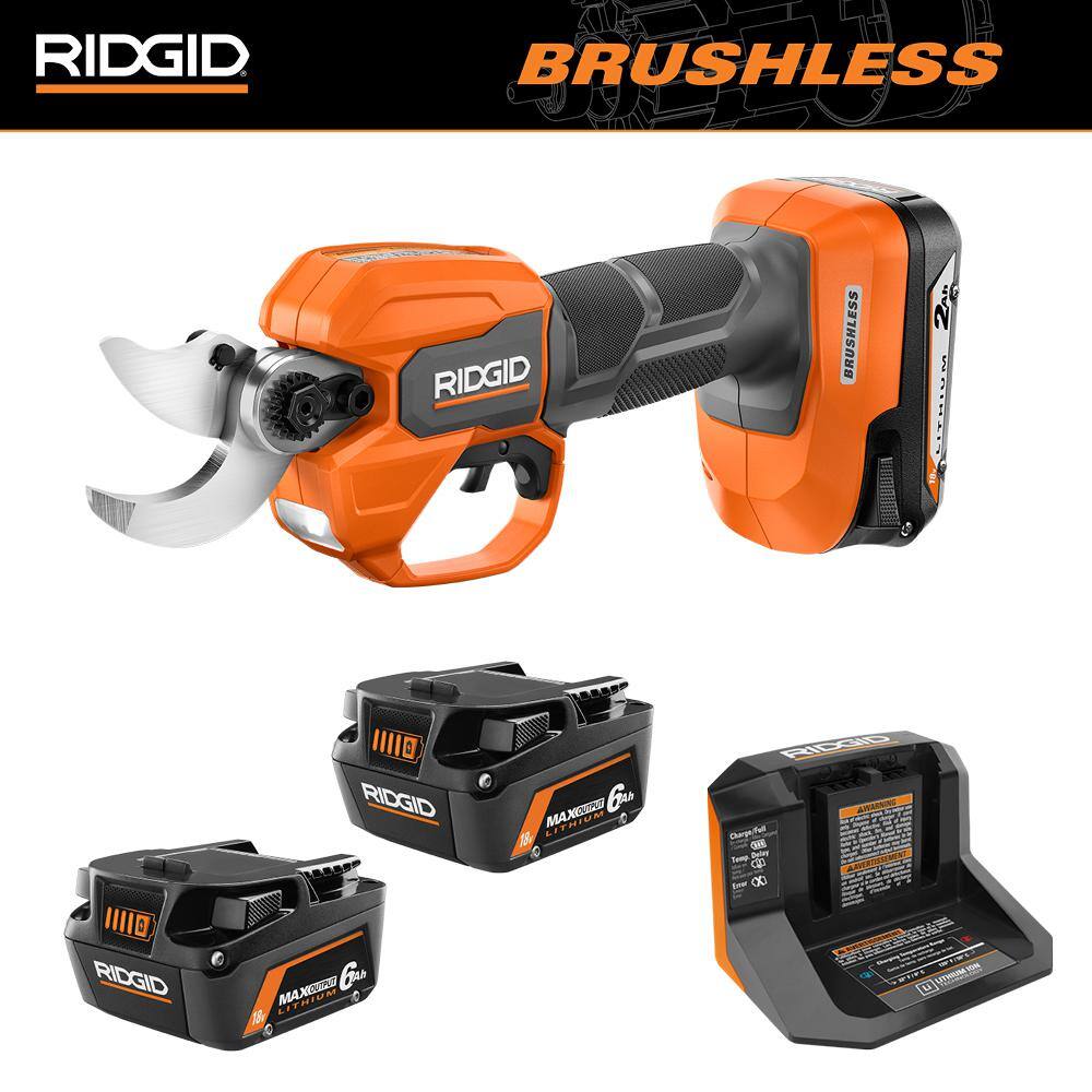 RIDGID 18V Brushless Pruner Kit with 2.0 Ah Battery Charger and 6.0 Ah MAX Output Lithium-Ion Batteries (2-Pack) R01301KVNM-AC840060PN