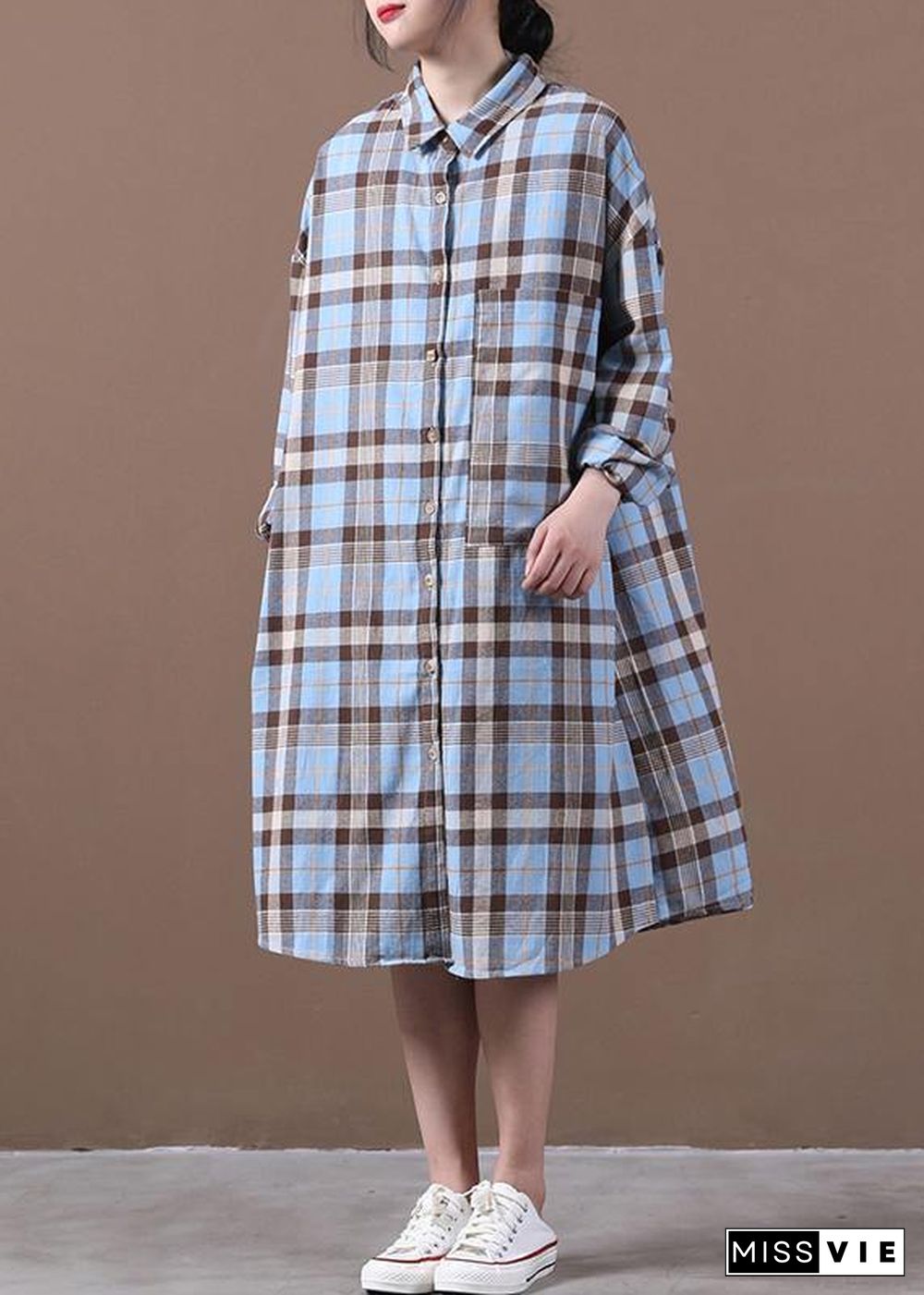 Modern lapel Cinched spring Long Shirts Work Outfits blue plaid Dresses