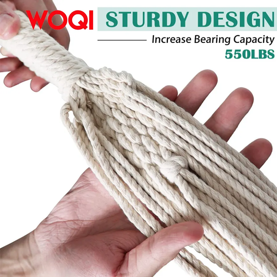 WOQI Outdoor White Camping Hammock Large Fringed Macrame Double Hammock Swing Bed with Carry Bag