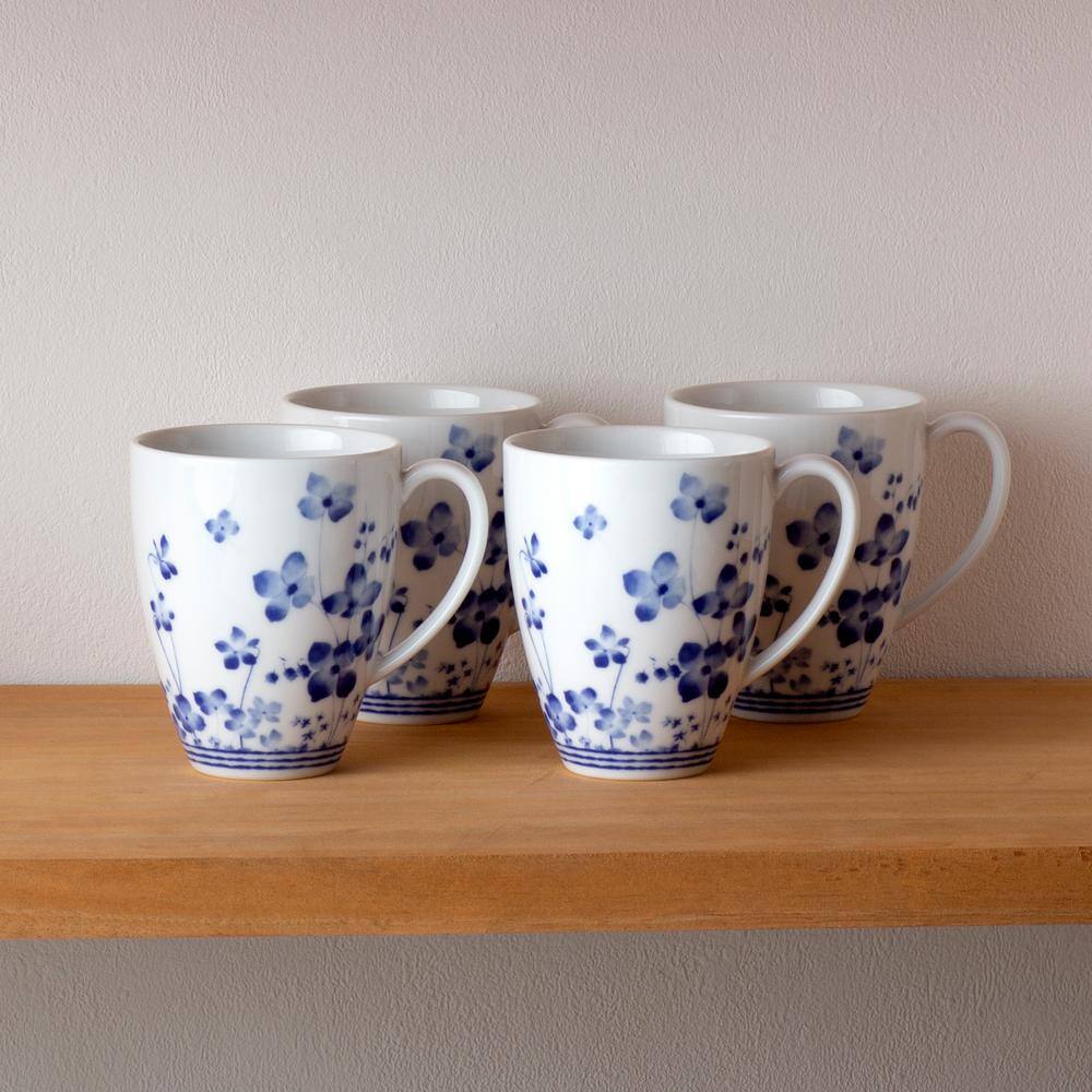 Noritake Bloomington Road 16 fl. oz. WhiteBlue Porcelain Mugs (Set of 4) 1733-484D