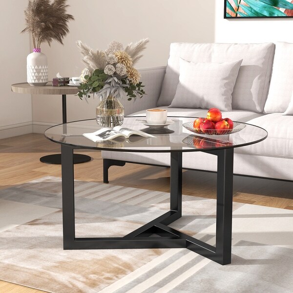 35 in. Round Glass Coffee Table Cocktail Table with Top and Wood Base