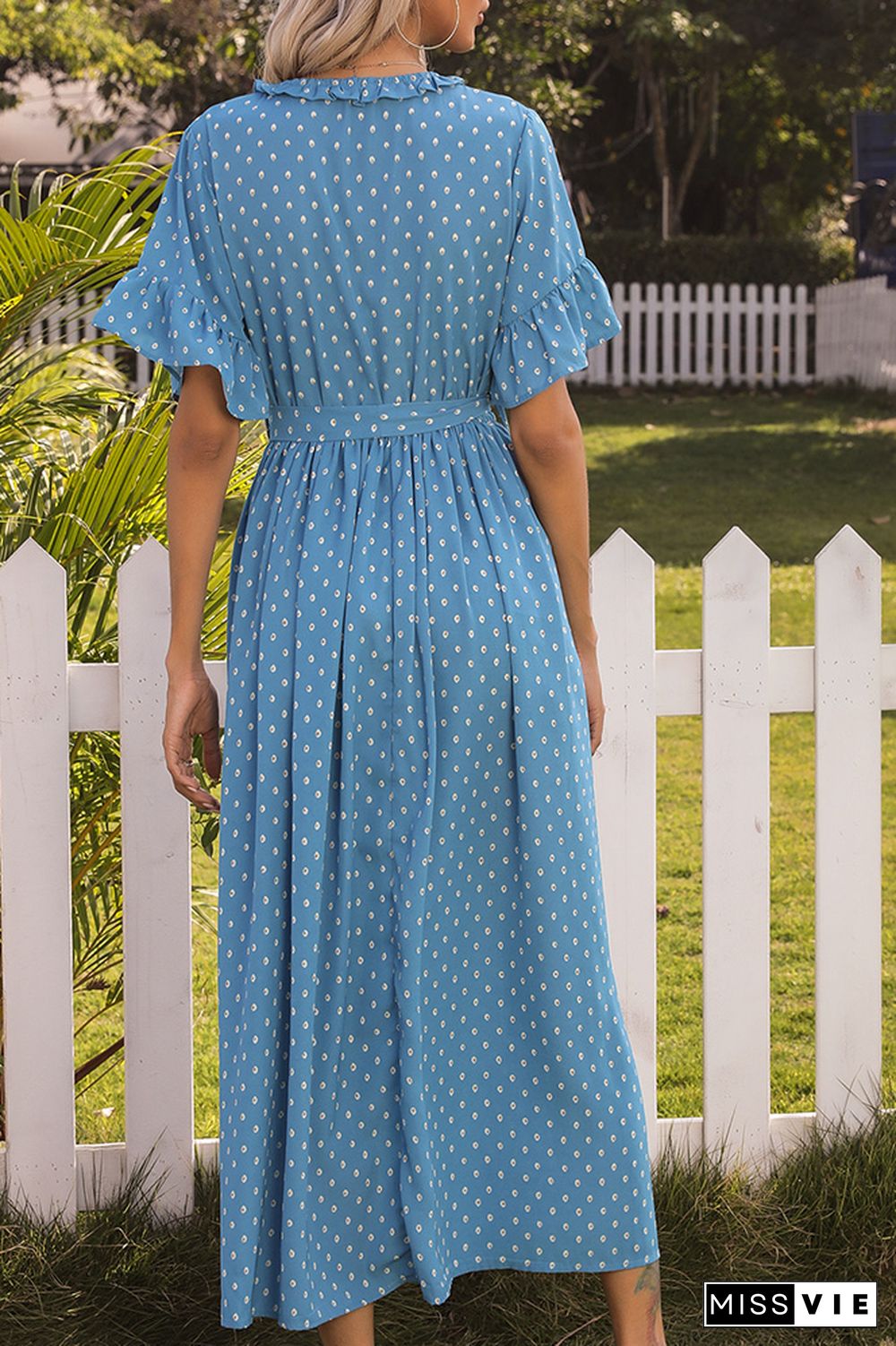 Ruffle Sleeves Polka Dot Buttoned Long Dress