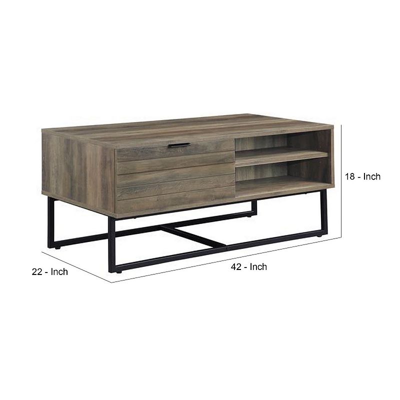 Coffee Table with 2 Open Compartments and Tubular Frame， Oak Brown