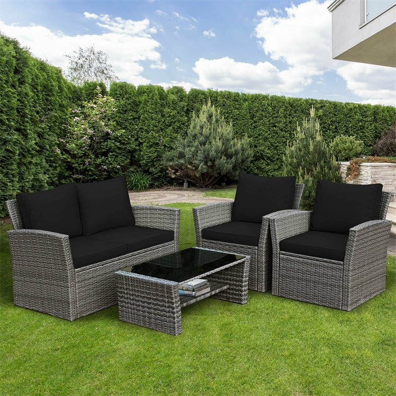 4 Pcs Rattan Patio Sectional Furniture Set with Storage Shelf Table, Cushioned Outdoor Wicker Conversation Sofa Set