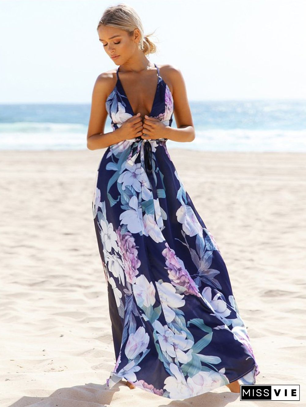 Floral Deep V-Neck Maxi Dress