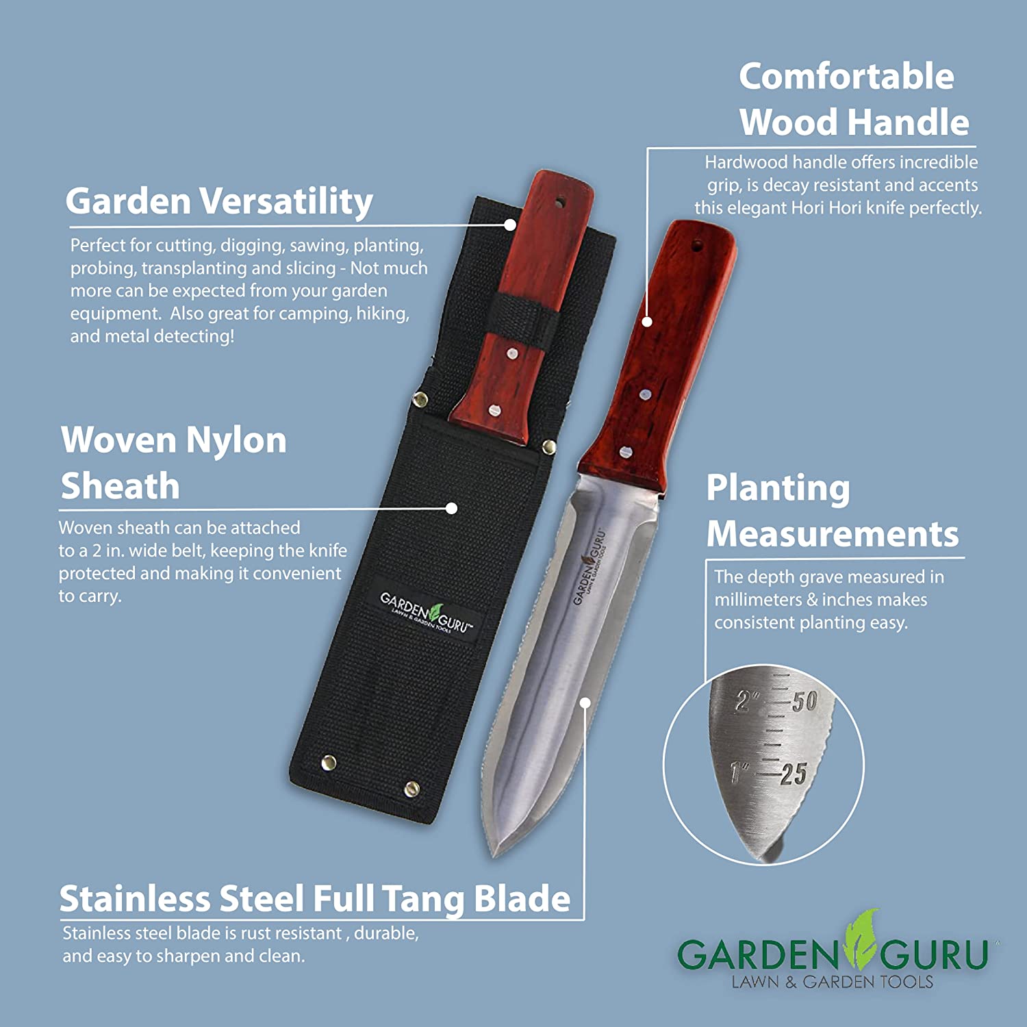 Garden Guru Hori Hori Garden Knife Deluxe Set, Weeding, Digging, or Pruning Knife with Nylon Sheath