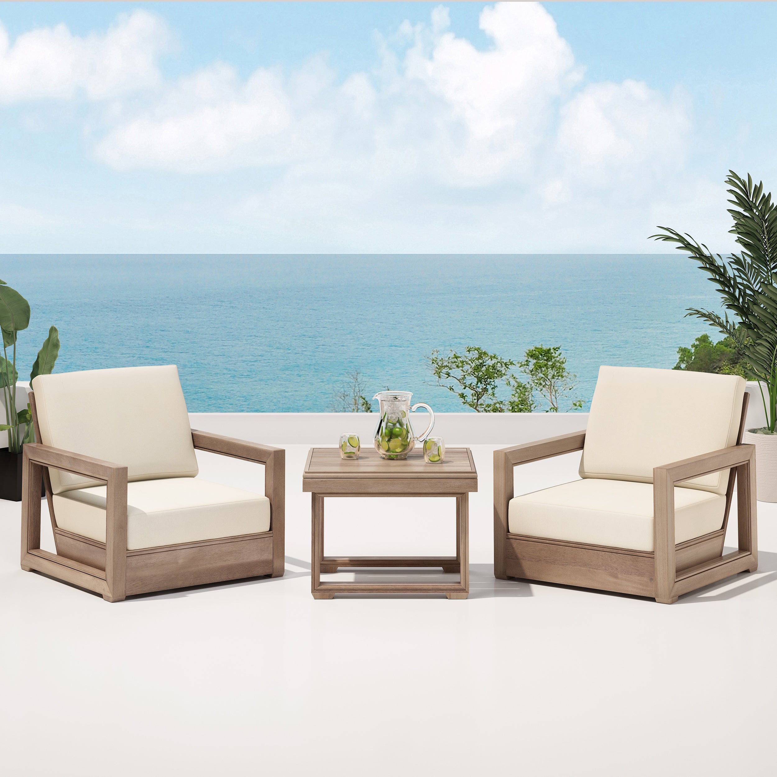 Andrae Outdoor 3 Piece Acacia Wood Chat Set