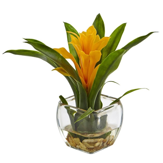 Nearly Natural 8-in Bromeliad Pair With Glass Vase Arrangement (set Of 2)