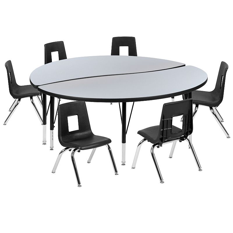 Emma and Oliver 60 Circle Wave Activity Table Set with 14 Student Stack Chairs， Oak/Black