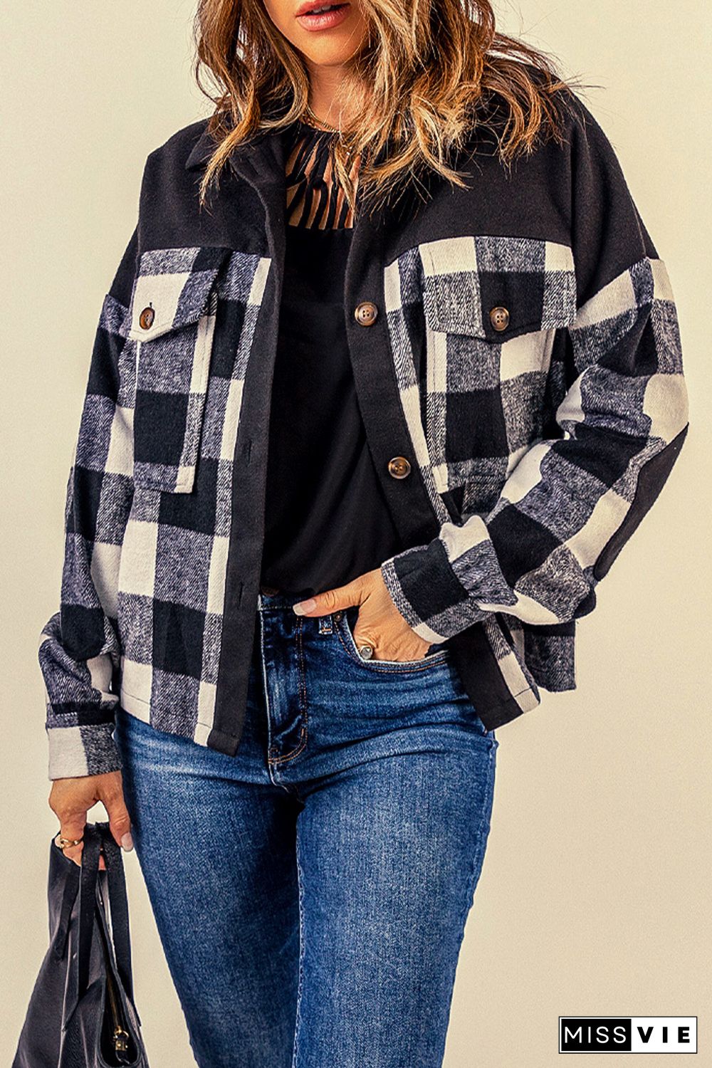 Black Plaid Patchwork Pockets Buttoned Shirt Jacket