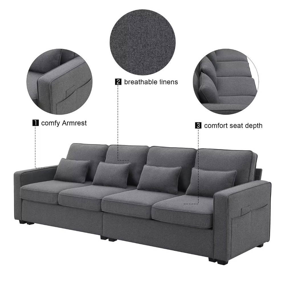 4 Seater Modern Linen Fabric Sofa with Armrest Pockets and 4 Pillows   9'5\