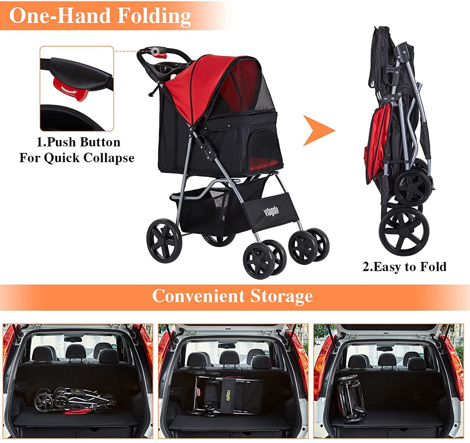 VIAGDO Cat Dog Stroller， Pet Strollers for Small Medium Dogs and Cats， 4 Wheels Dog Jogging Stroller Folding Doggy Stroller with Storage Basket