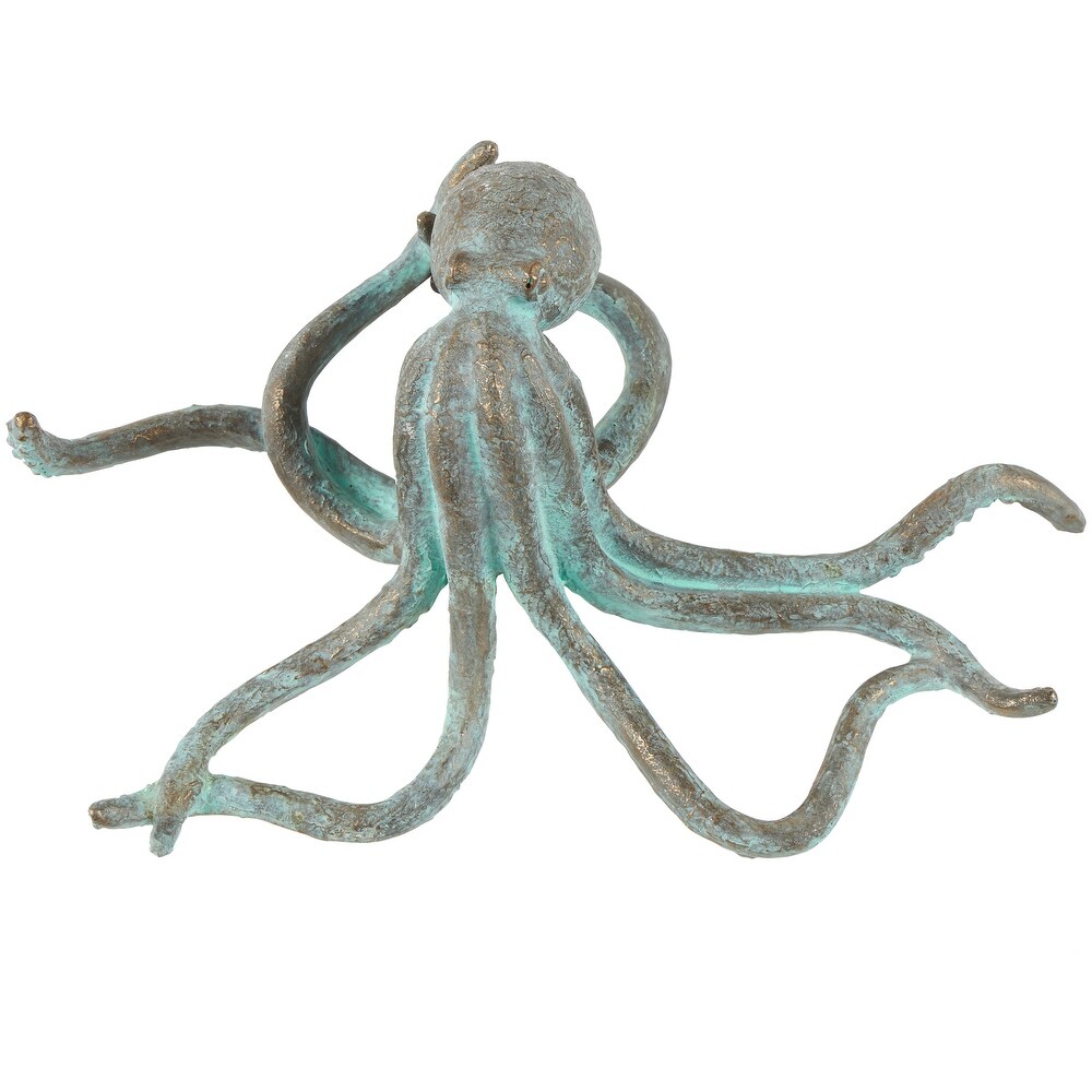 Blue Polystone Distressed Patina Octopus Sculpture with Gold Foil Accents