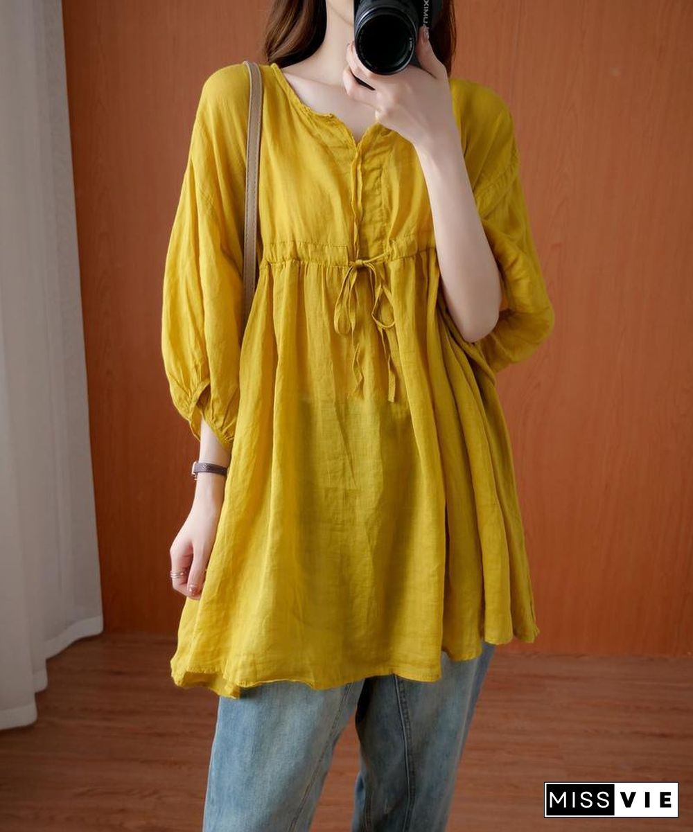 Elegant v neck drawstring blouses for women Sewing yellow top