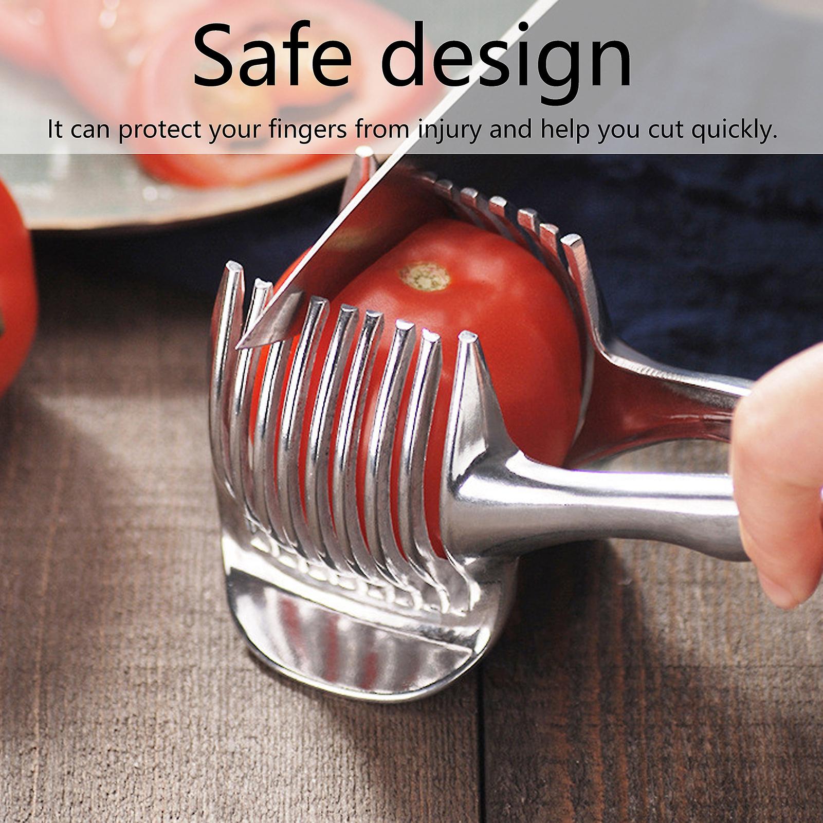 Tomato Slicer Lemon Cutter， Stainless Steel Handheld Slicing Tong Onion Cutter Holder Cutting Kitchen Aid Tool For Slicing Vegetable Fruits