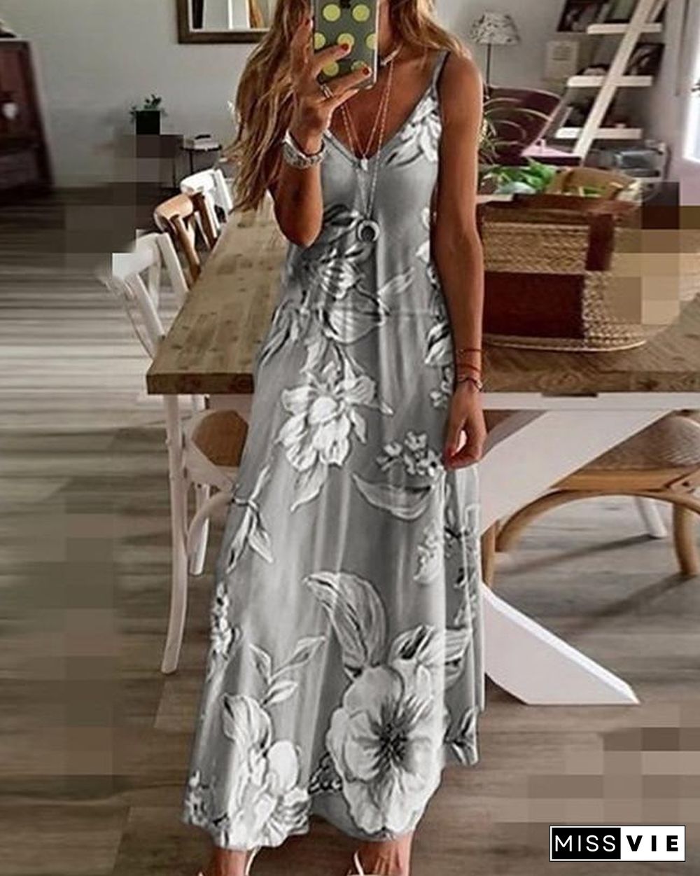 Women's Maxi long Dress - Sleeveless Floral Print Summer V Neck Hot Holiday Beach Slim  Fuchsia Sky Blue Light gray Light Green Light Blue Light Pink S M L XL XXL