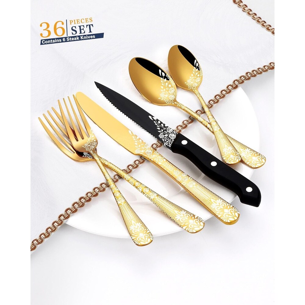 36 Piece Flatware Set with Unique Floral Laser