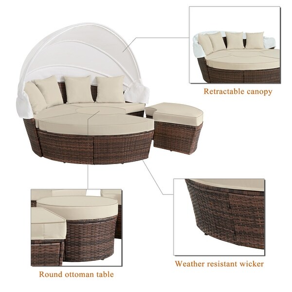 Ledel Outdoor 5piece Rattan Wicker Daybed Round Sofa Set