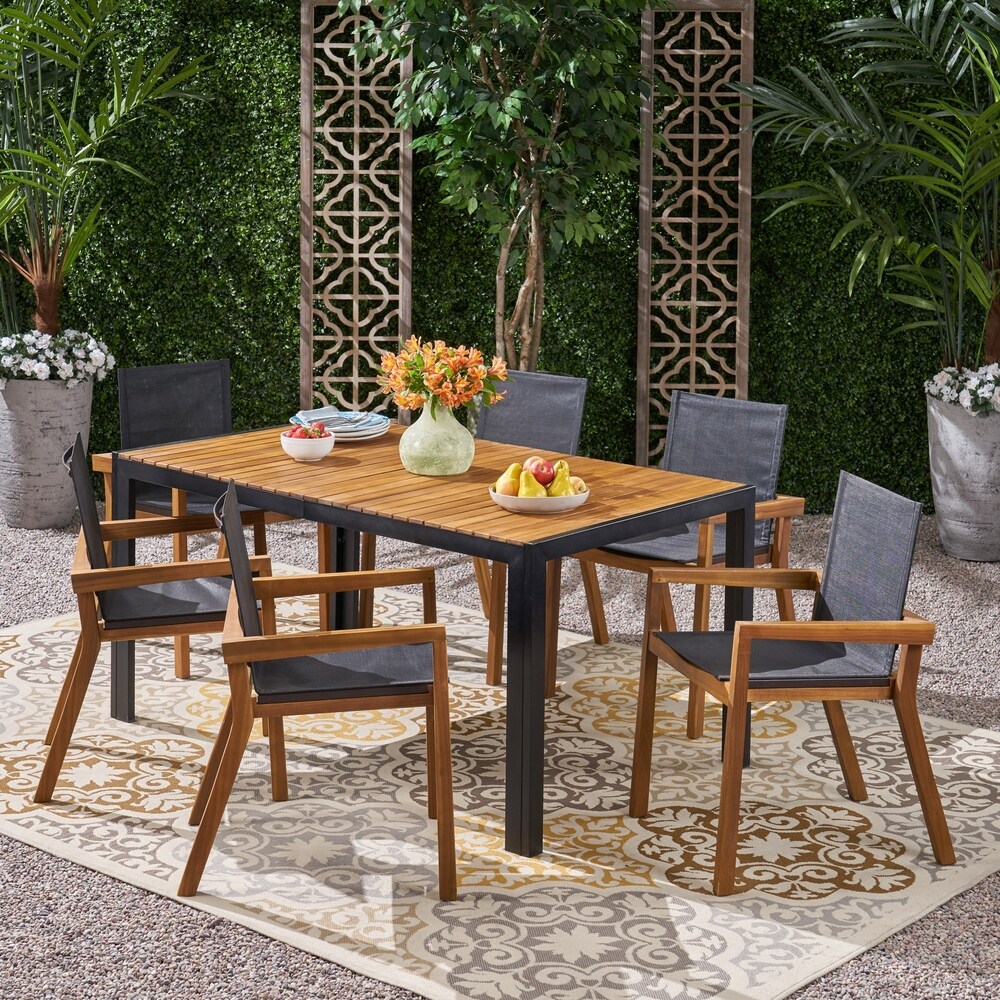 Lemyra Outdoor 6 Seater Rectangular Acacia Wood and Mesh Dining Set by Christopher Knight Home